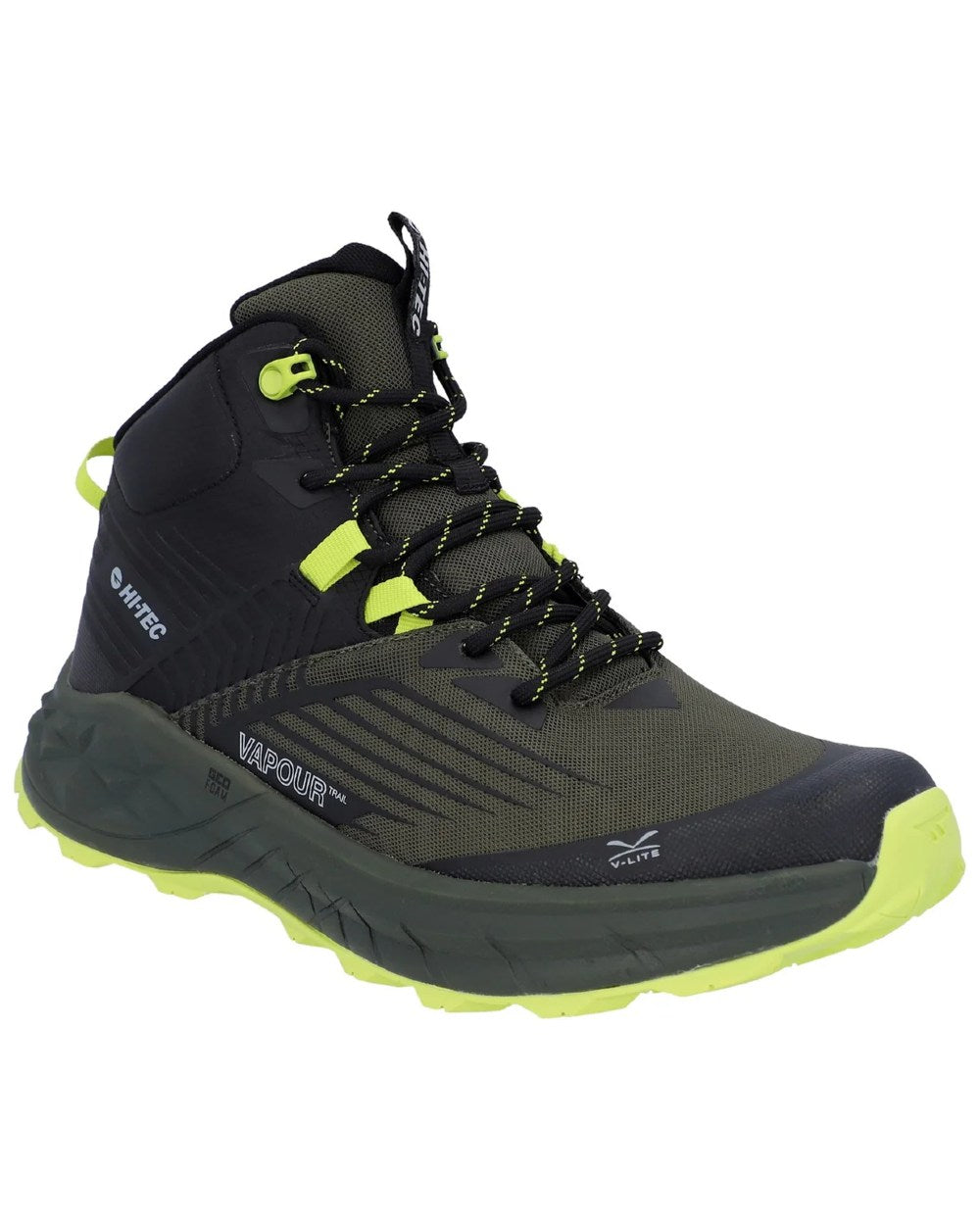 Black Olive Coloured Hi-Tec Mens Fuse Trail Mid Waterproof Trainers On A White Background