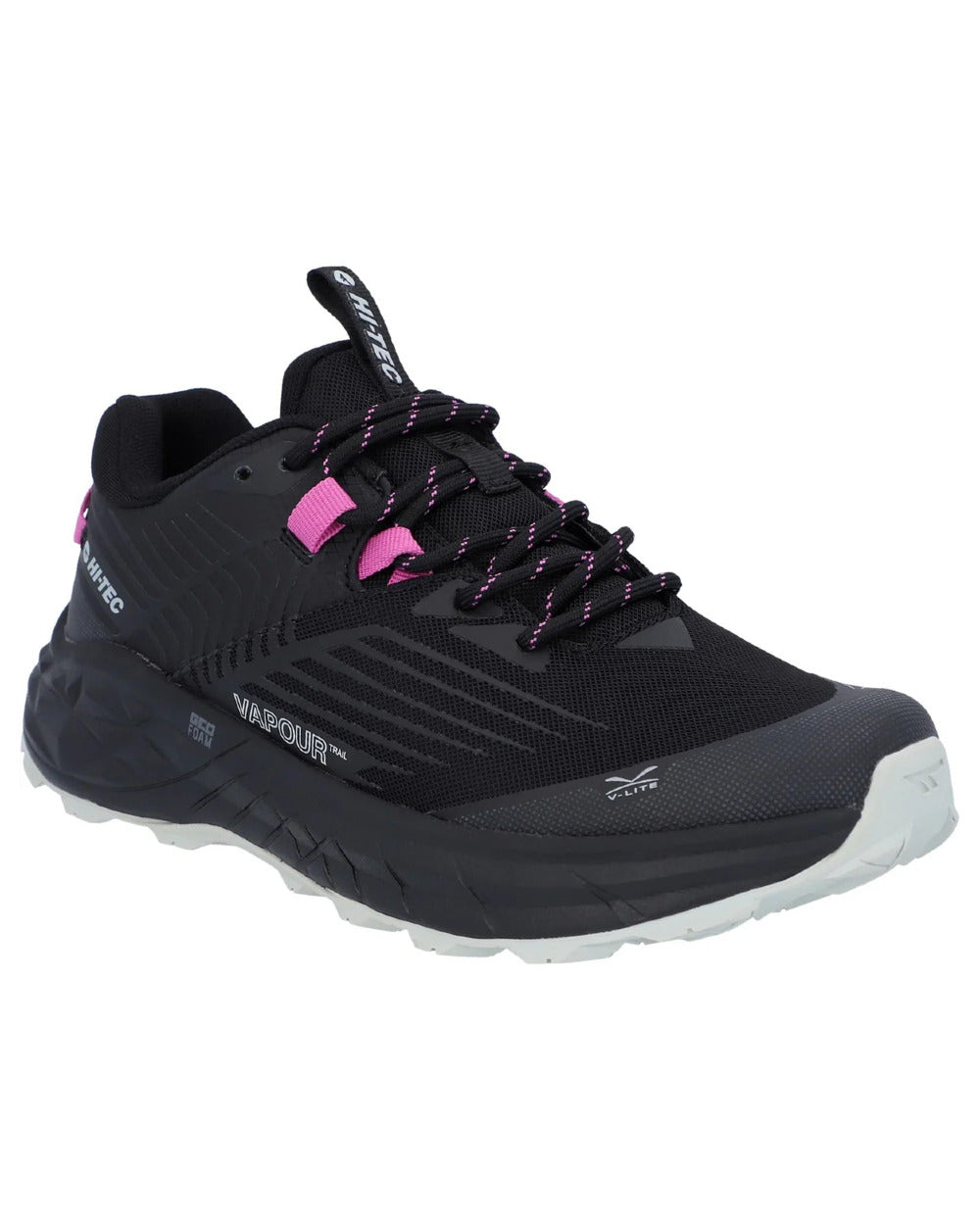 Black Coloured Hi-Tec Womens Fuse Trail Low Trainers On A White Background
