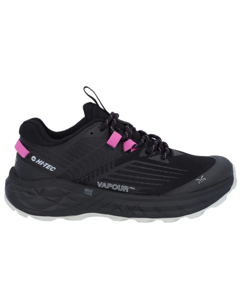 Black Coloured Hi-Tec Womens Fuse Trail Low Trainers On A White Background