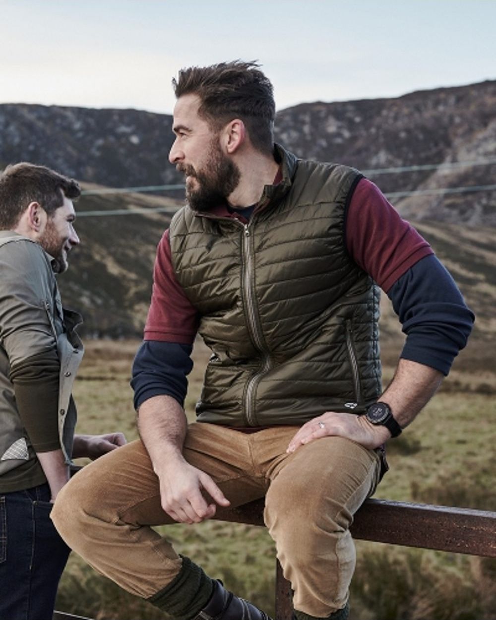 Olive Merlot coloured Hoggs of Fife Kingston Rip-Stop Gilet on outdoor background