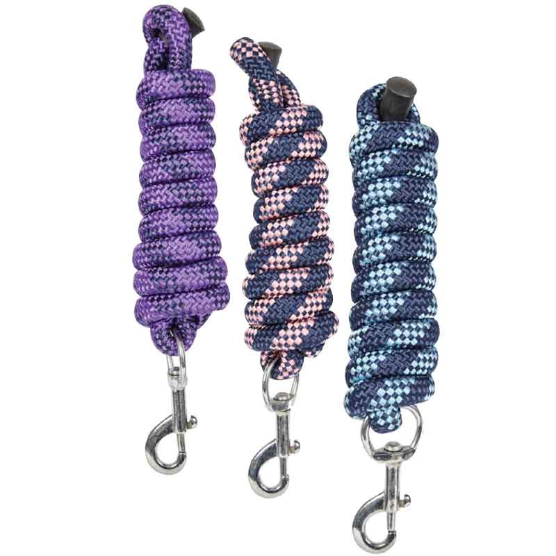 horse lead ropes. Three coiled ropes with metal fittings on a white background.