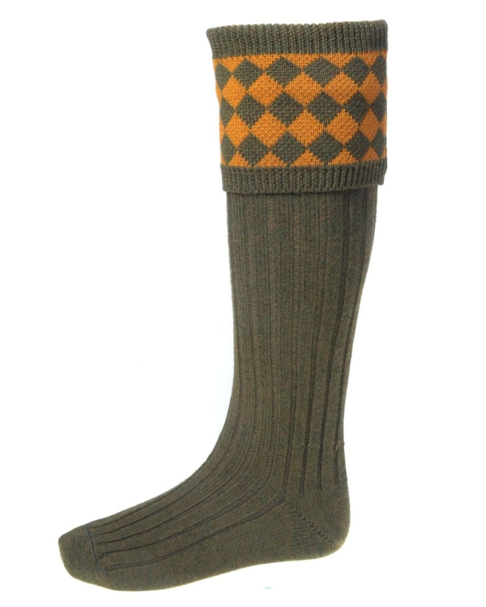 Bracken Coloured House of Cheviot Chessboard Socks On A White Background