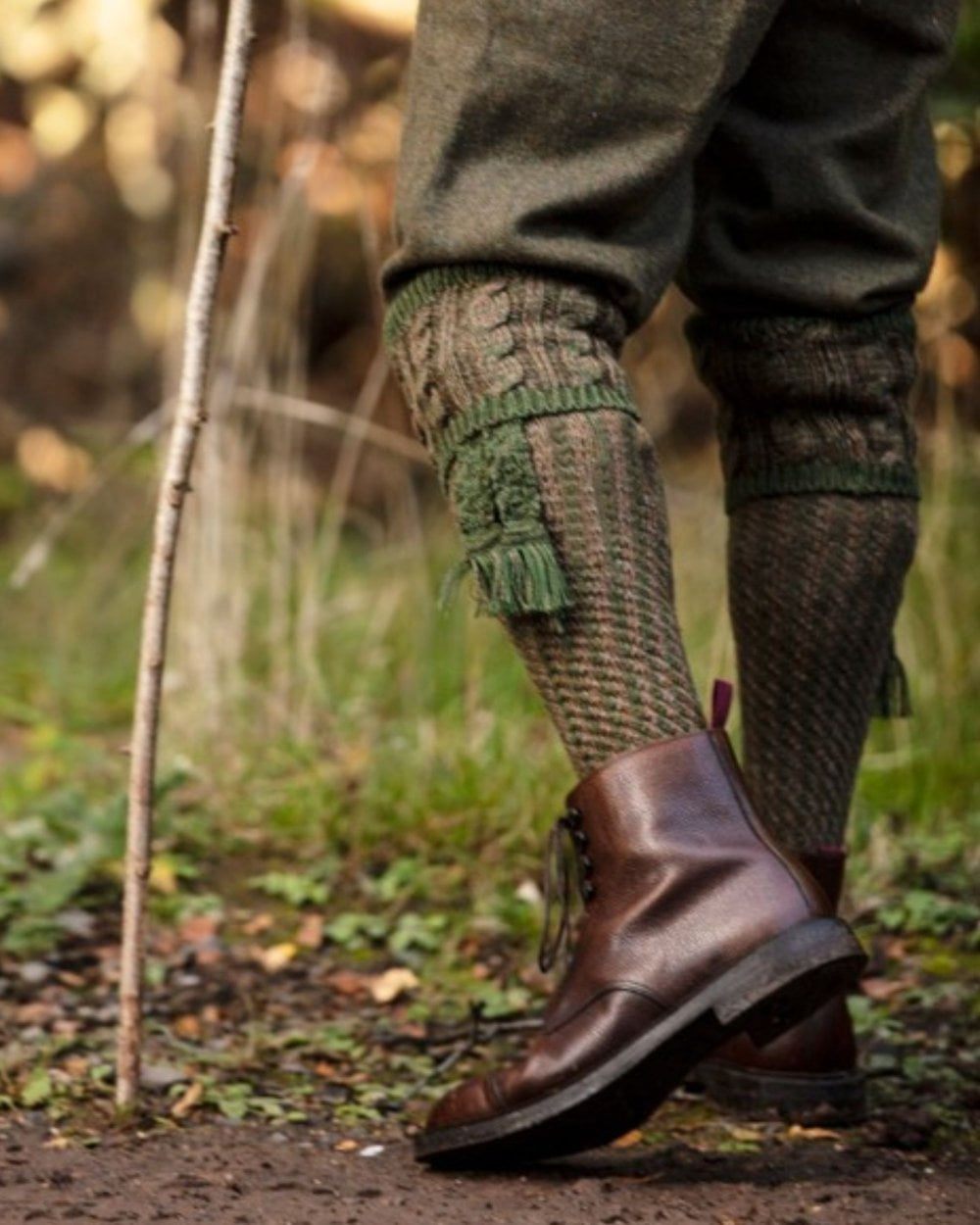 Hawthorn coloured House of Cheviot Reiver Socks on outdoor background