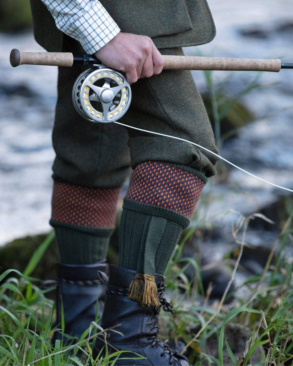 Spruce coloured House of Cheviot Tayside Socks on outdoor background