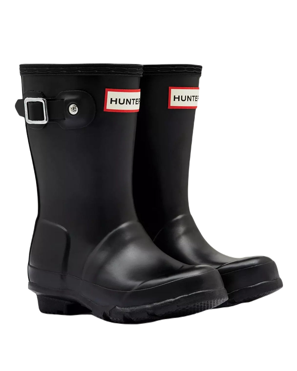Black Coloured Hunter Big Kids Original Pearlised Wellington Boot on White Background