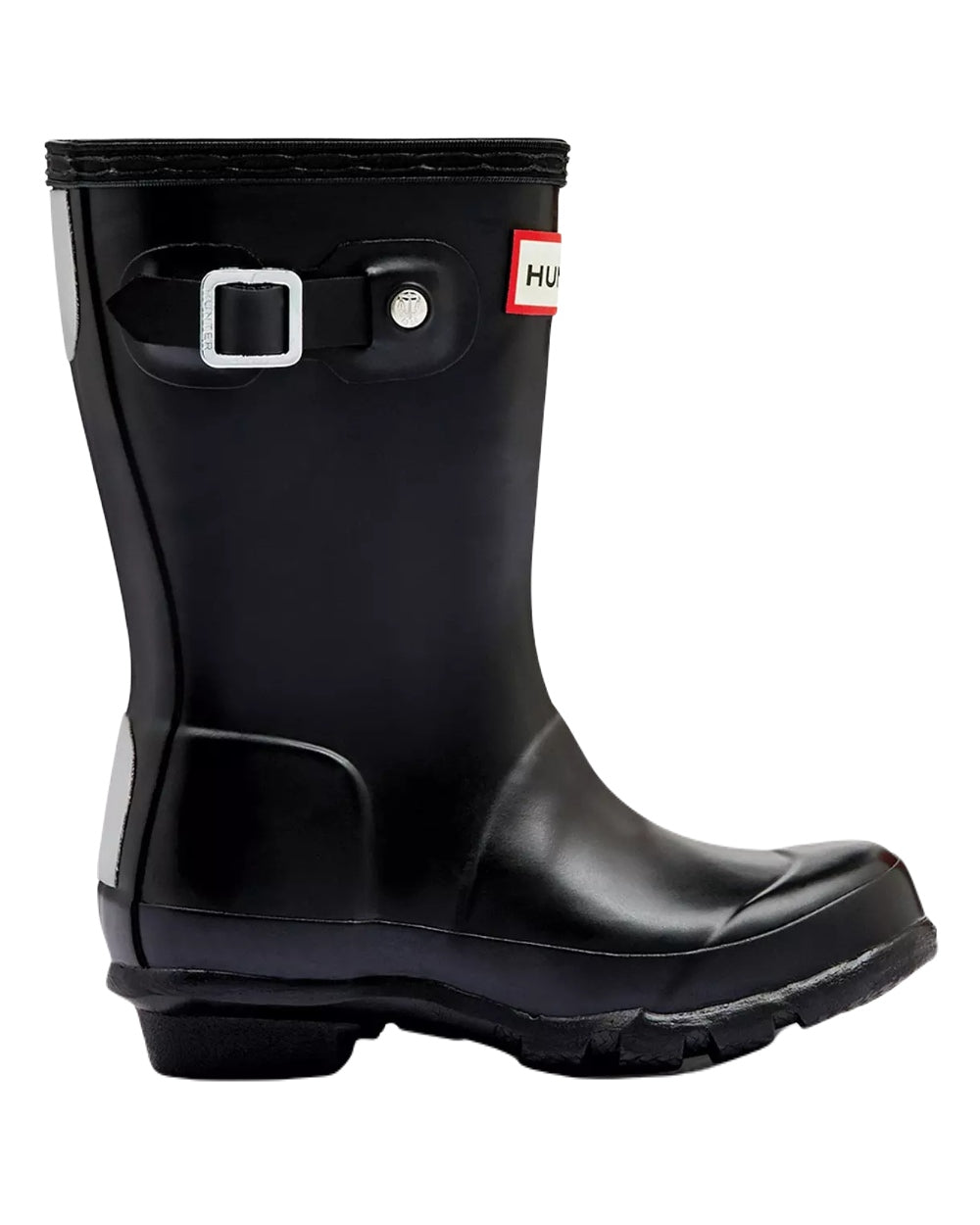 Black Coloured Hunter Big Kids Original Pearlised Wellington Boot on White Background