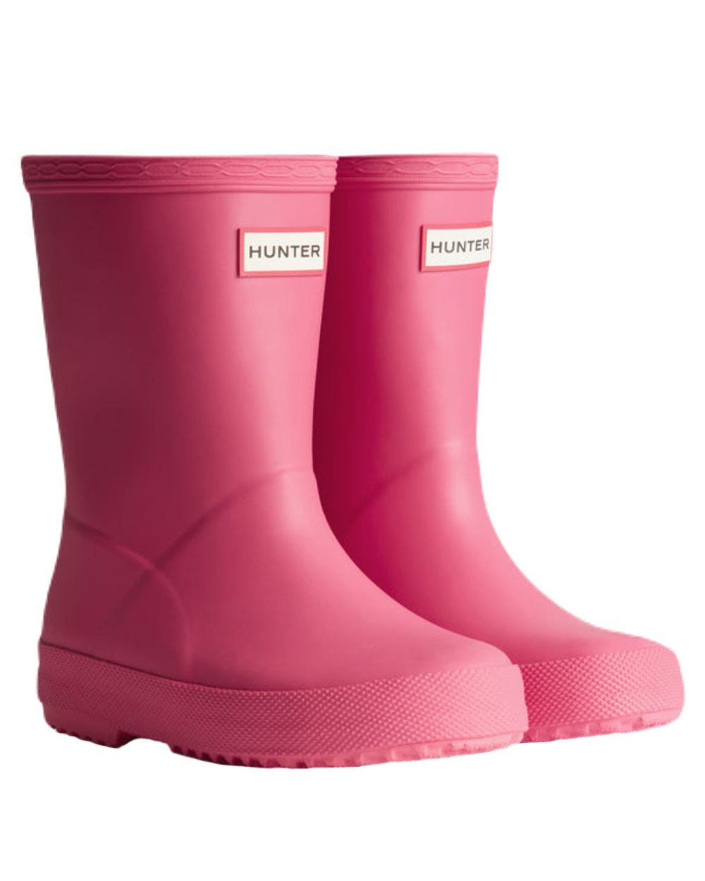 Bright Pink Coloured Hunter Kids First Classic Wellington Boots on White Background