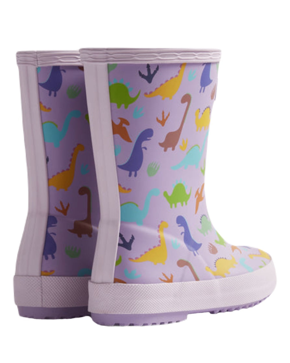 Purple Dinosaur Coloured Hunter Kids First Dinosaur Print Wellington Boots on White Background