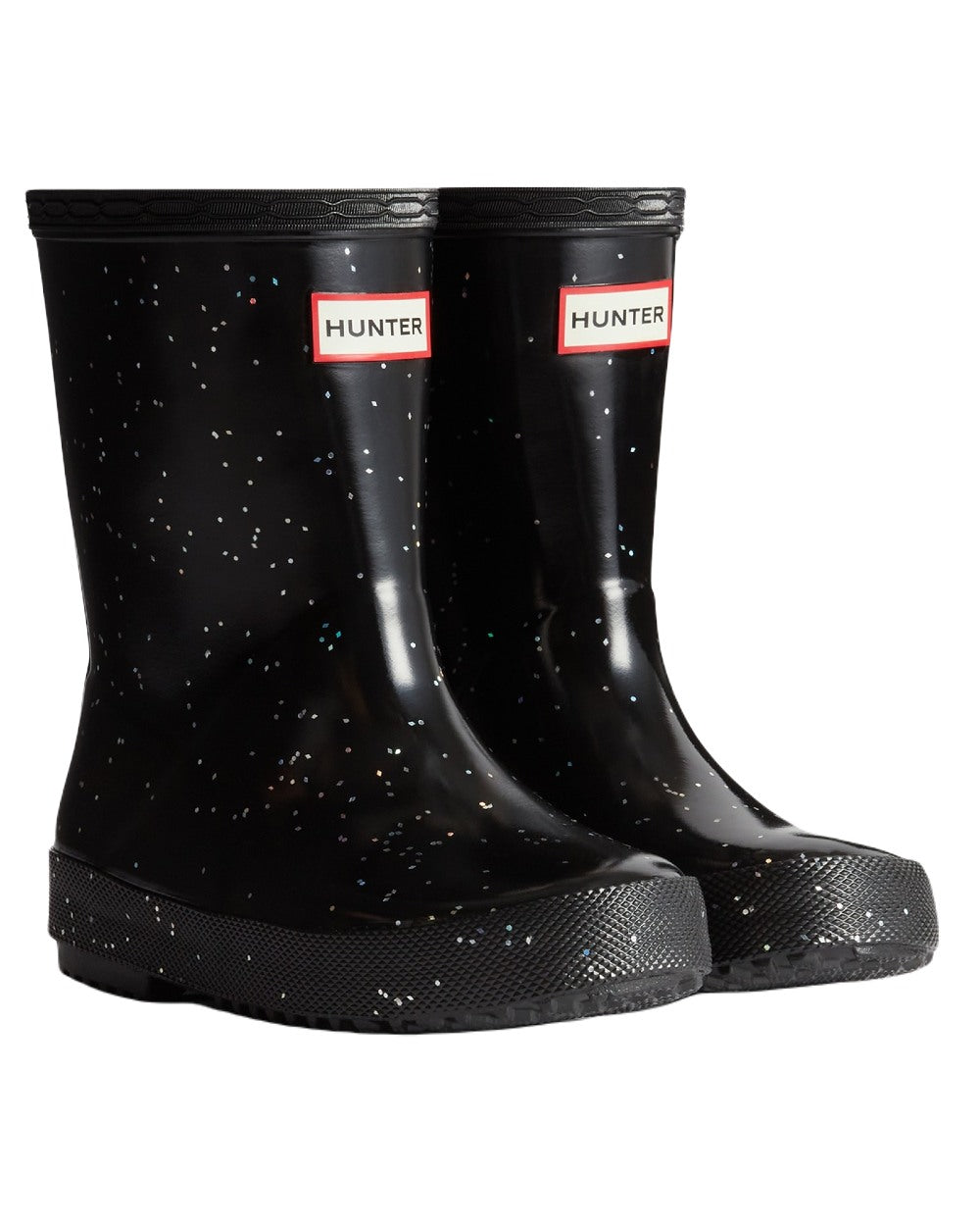 Black Coloured Hunter Kids First Original Giant Glitter Wellington Boots on White Background