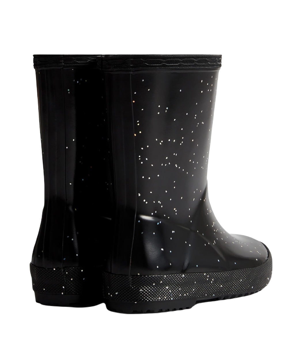 Black Coloured Hunter Kids First Original Giant Glitter Wellington Boots on White Background