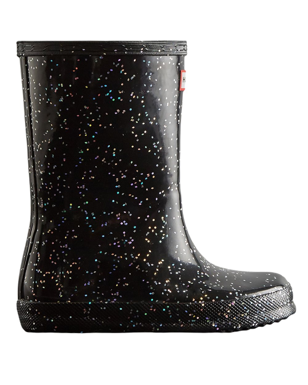 Black Coloured Hunter Kids First Original Giant Glitter Wellington Boots on White Background