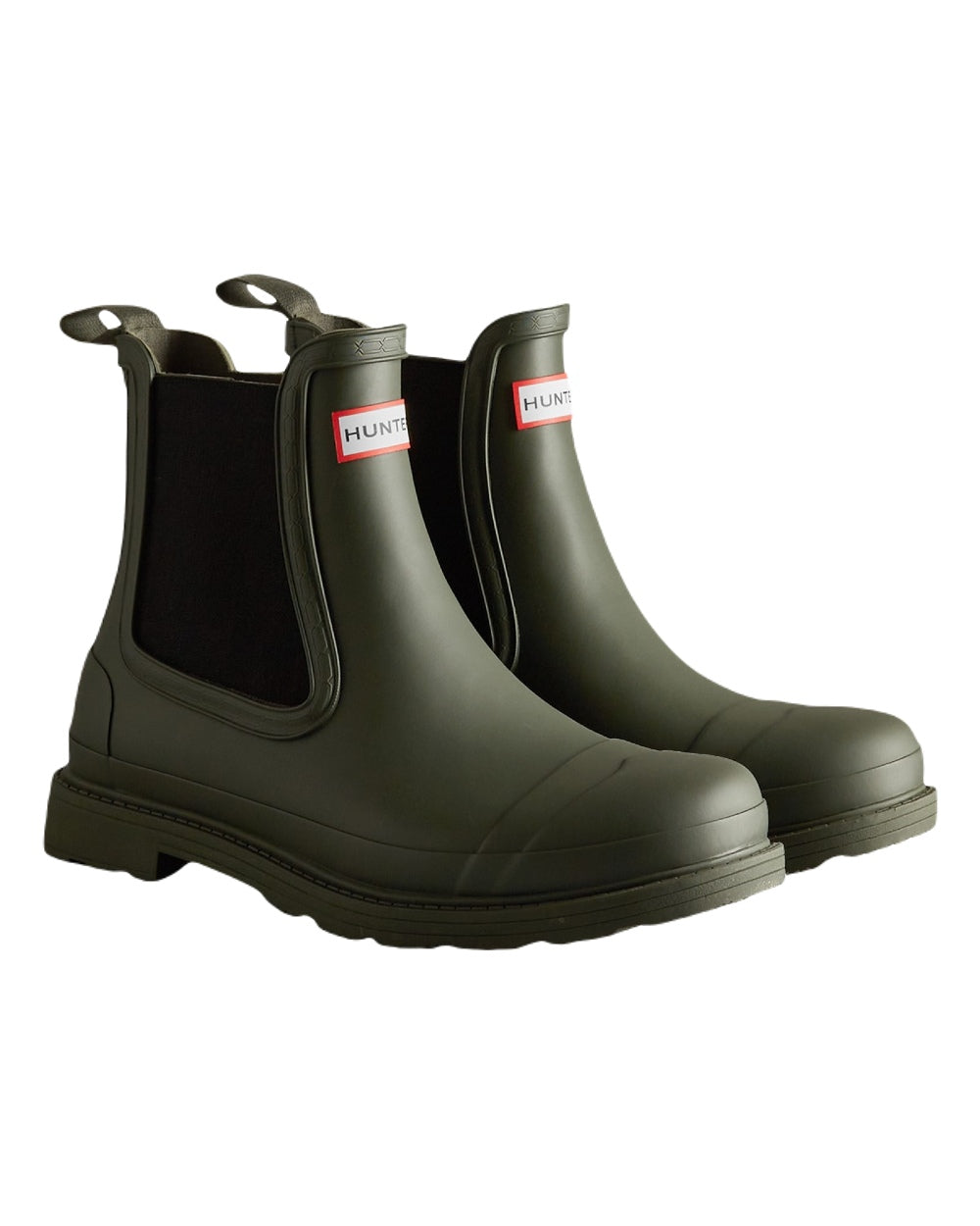 Dark Olive Coloured Hunter Mens Commando Chelsea Boots on White Background