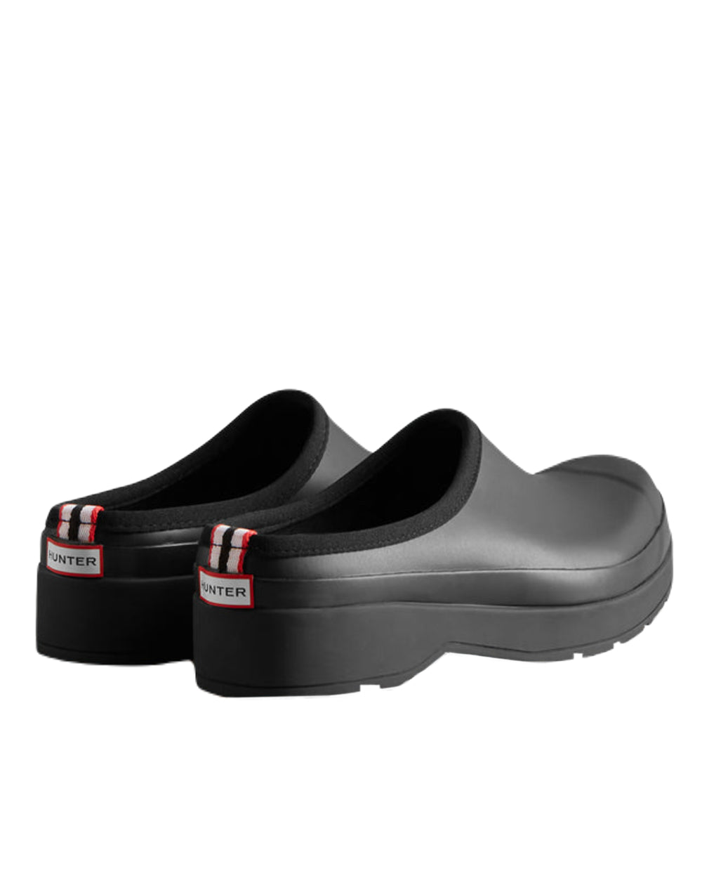 Black Coloured Hunter Mens Play Clogs on White Background