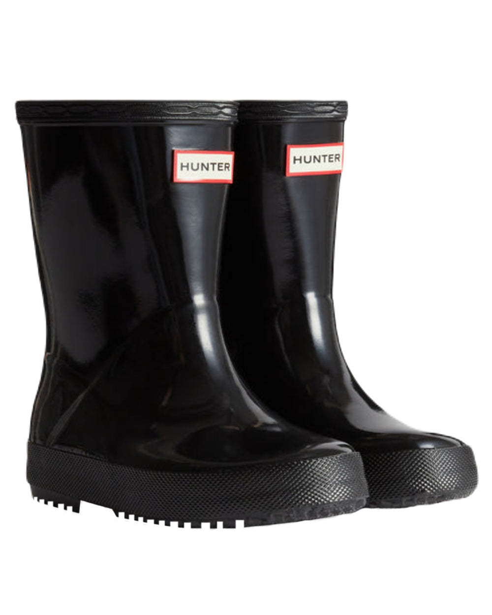 Black Coloured Hunter Original Kids First Gloss Wellington Boots on White Background