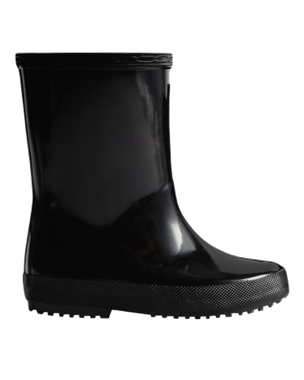 Black Coloured Hunter Original Kids First Gloss Wellington Boots on White Background