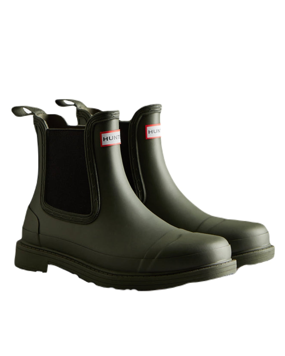 Dark Olive Coloured Hunter Womens Commando Chelsea Boots on White Background