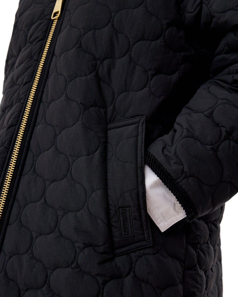 Black Coloured Hunter Womens Fionn Long Quilted Coat on White Background