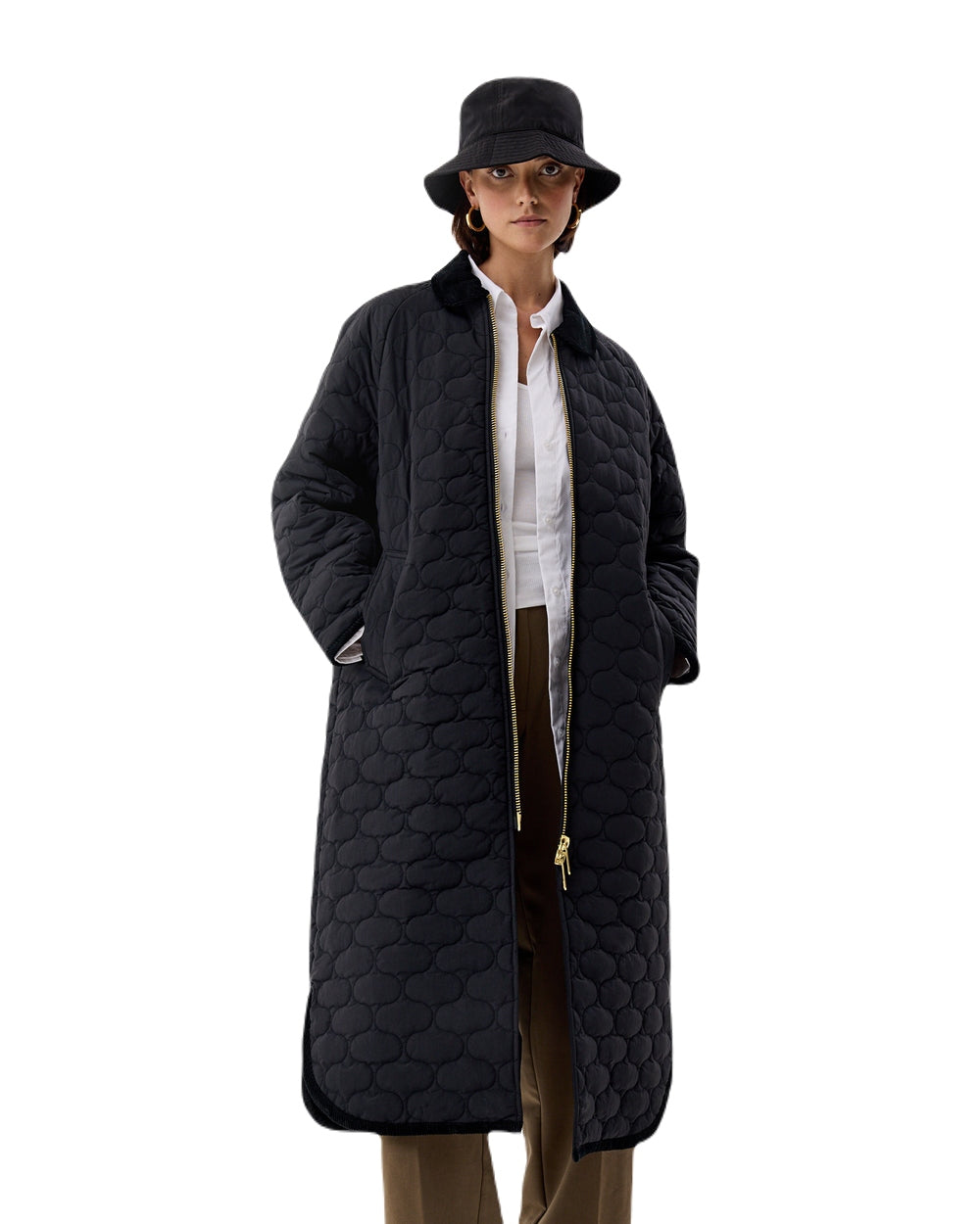 Black Coloured Hunter Womens Fionn Long Quilted Coat on White Background