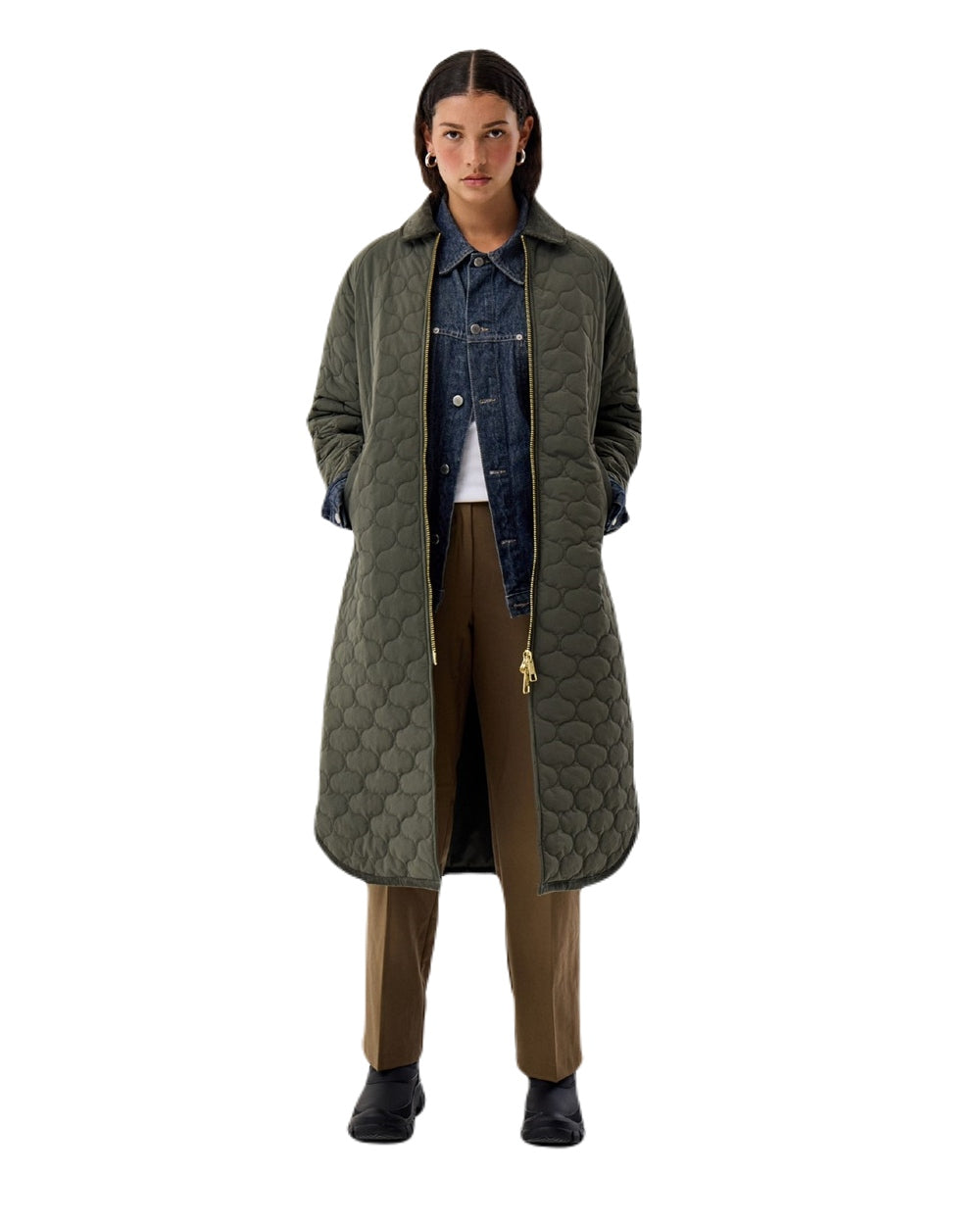 Kambaba Green Coloured Hunter Womens Fionn Long Quilted Coat on White Background