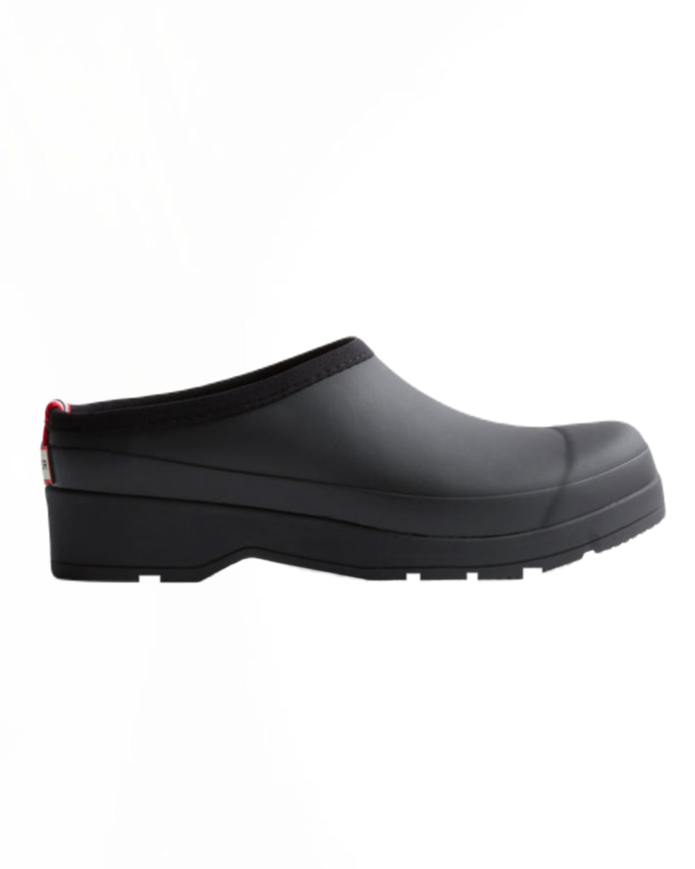 Black Coloured Hunter Womens Play Clogs on White Background