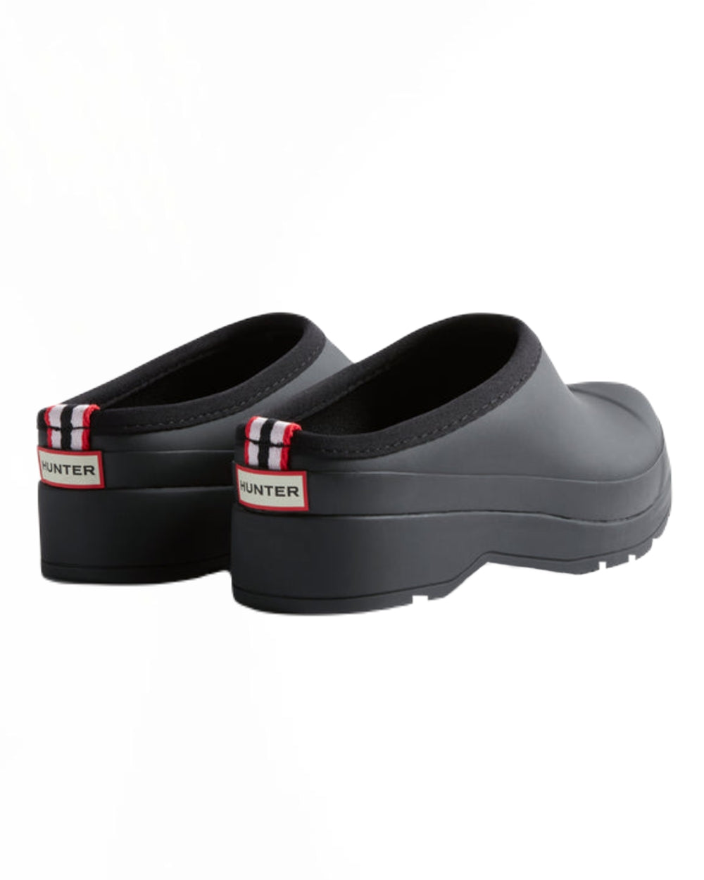 Black Coloured Hunter Womens Play Clogs on White Background