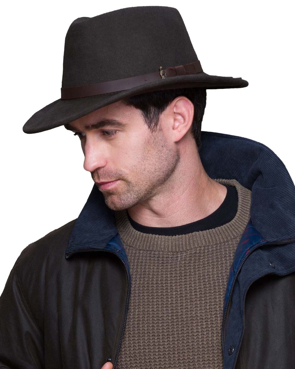 Olive coloured Jack Murphy Boston Crushable Felt Hat on White background