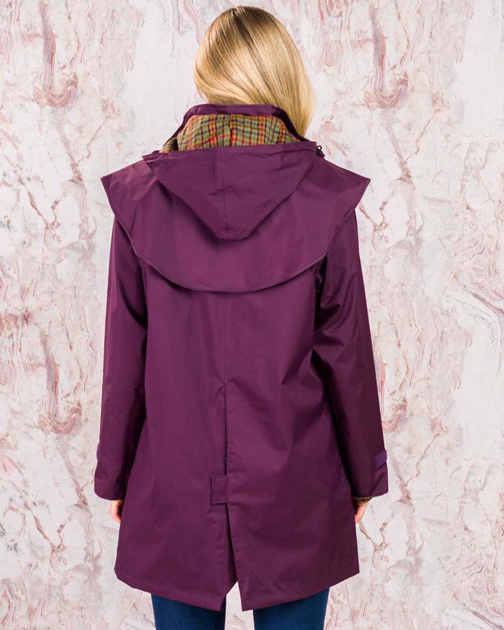 Blackberry coloured Jack Murphy Cotswold Ladies Waterproof 3/4 Coat on Pink background