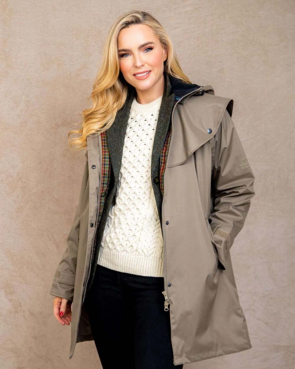 Chincilla coloured Jack Murphy Cotswold Ladies Waterproof 3/4 Coat on Cream background
