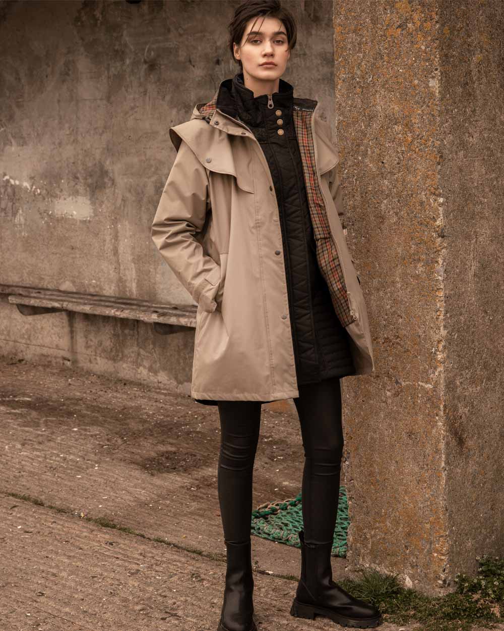 Chincilla coloured Jack Murphy Cotswold Ladies Waterproof 3/4 Coat on Urban background
