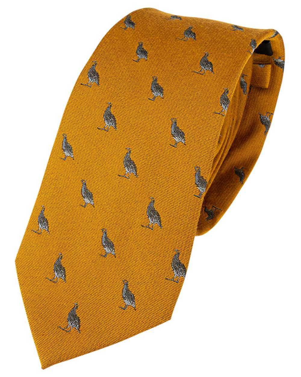 Mustard coloured Jack Pyke Silk Tie Partridge on white background