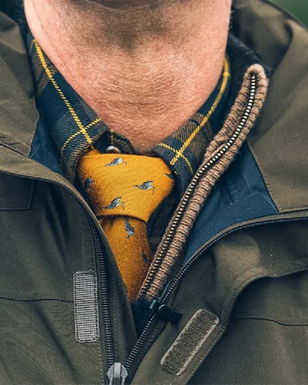 Mustard coloured Jack Pyke Silk Tie Partridge on blurry background