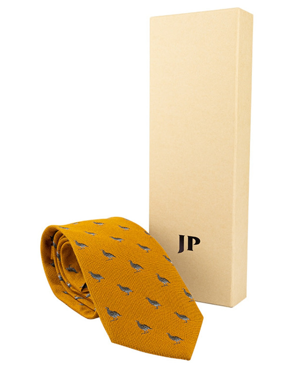 Mustard coloured Jack Pyke Silk Tie Partridge on white background