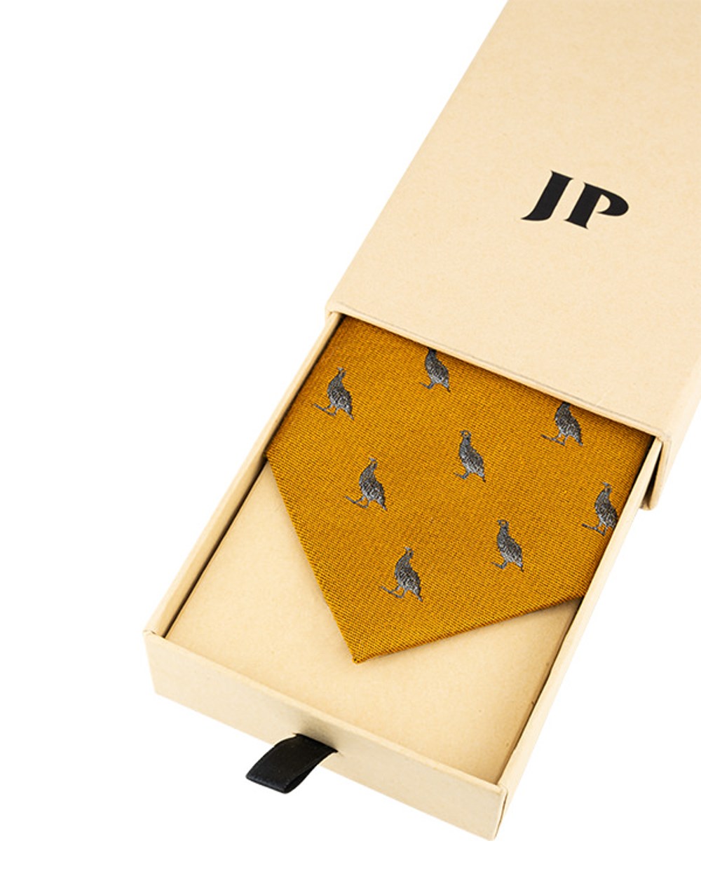 Mustard coloured Jack Pyke Silk Tie Partridge on white background