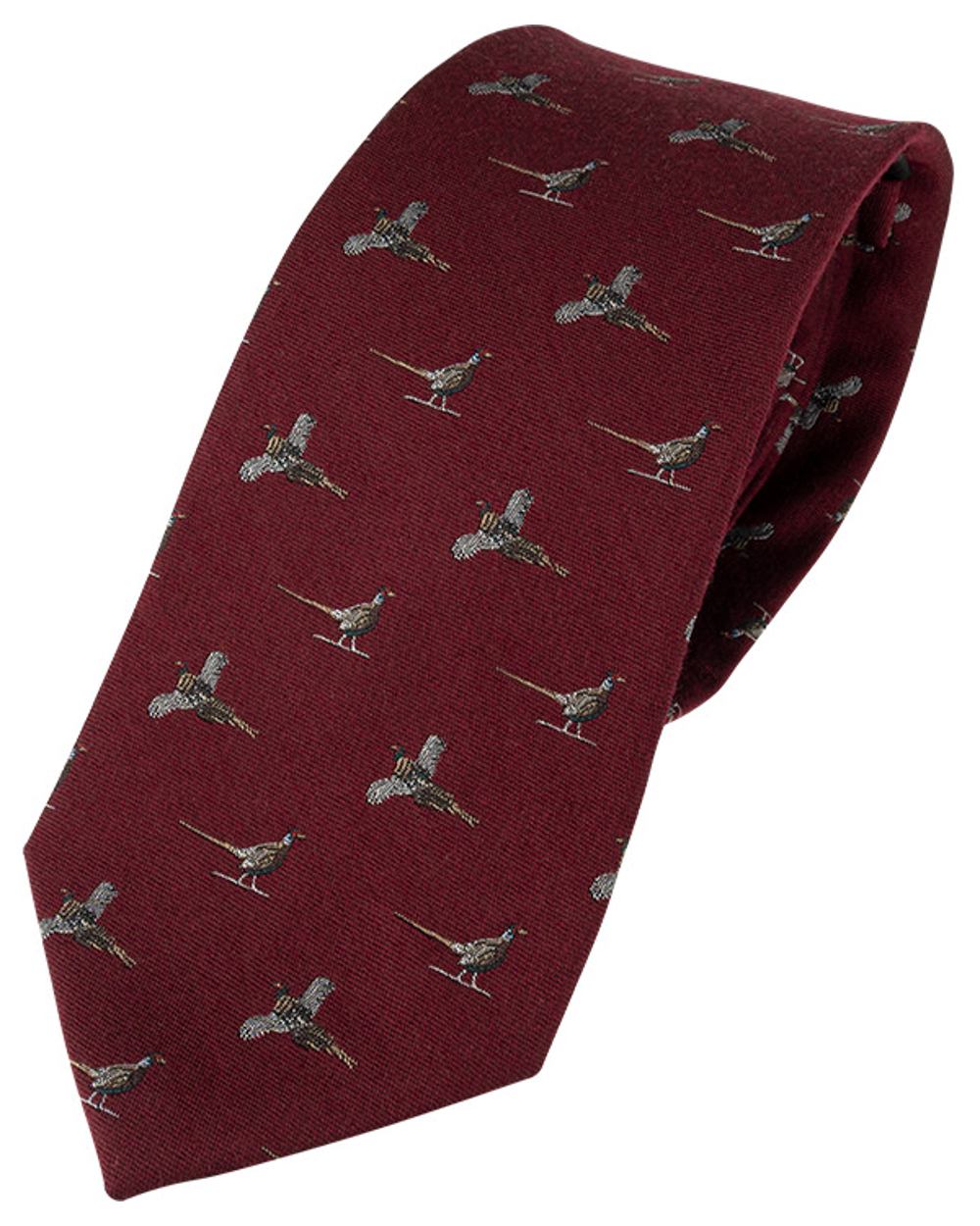 Burgundy coloured Jack Pyke Silk Tie Pheasant on white background
