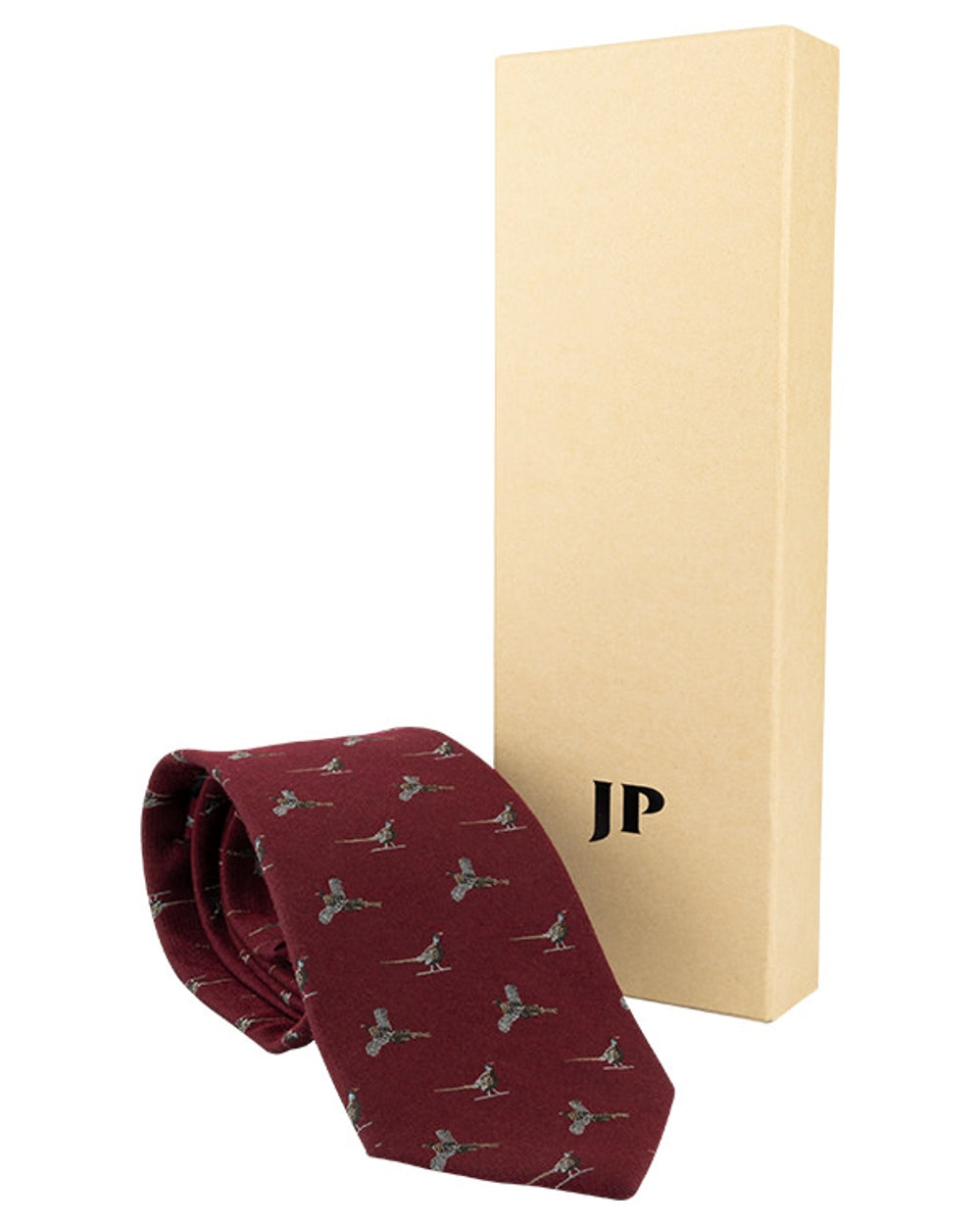 Burgundy coloured Jack Pyke Silk Tie Pheasant on white background