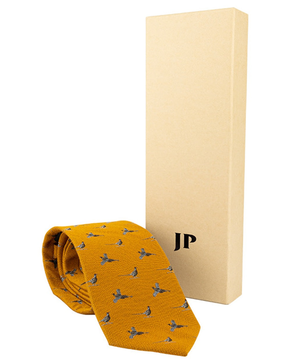 Mustard coloured Jack Pyke Silk Tie Pheasant on white background