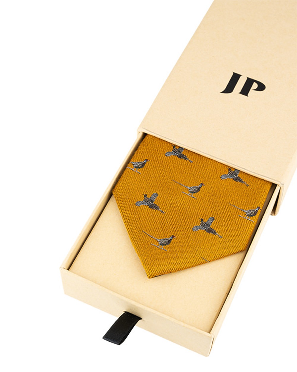 Mustard coloured Jack Pyke Silk Tie Pheasant on white background