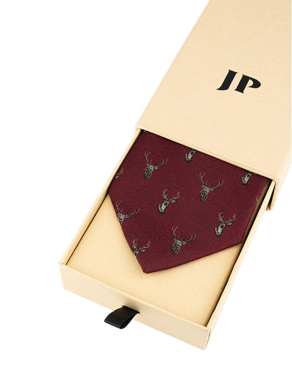 Burgundy coloured Jack Pyke Silk Tie Stag on white background