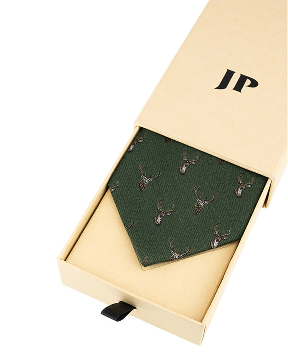 Green coloured Jack Pyke Silk Tie Stag on white background