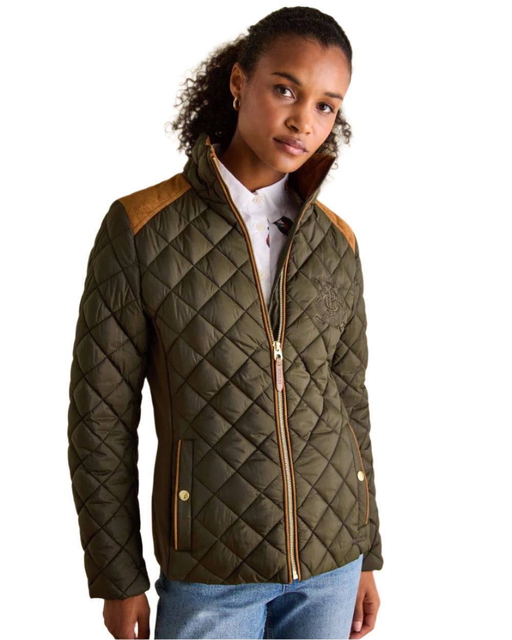 Khaki Green Coloured Joules Braemar Luxe Jacket On A White Background