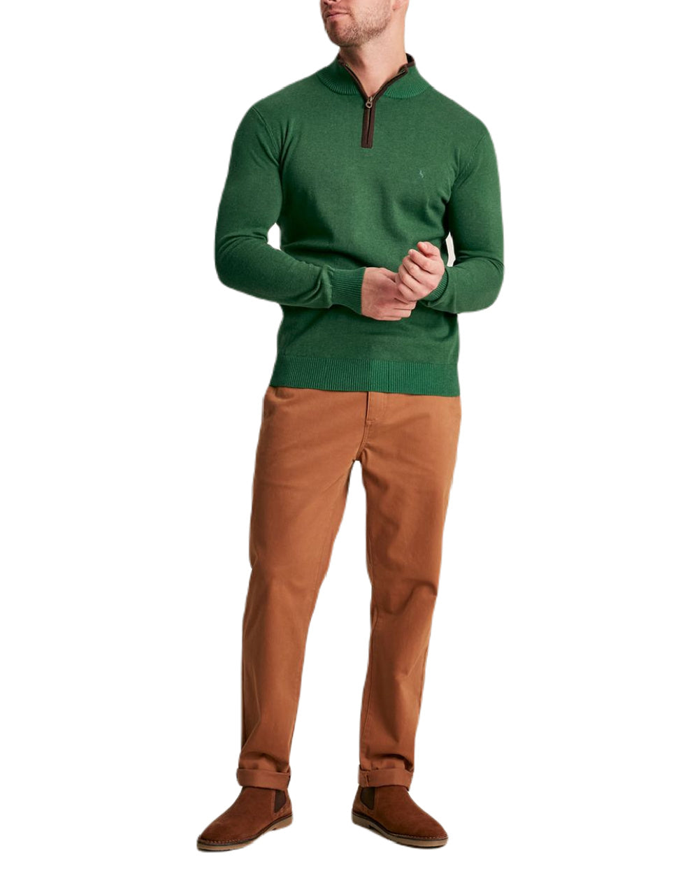 Dark Green Coloured Joules Hillside Quarter Zip Knit Jumper On A White Background