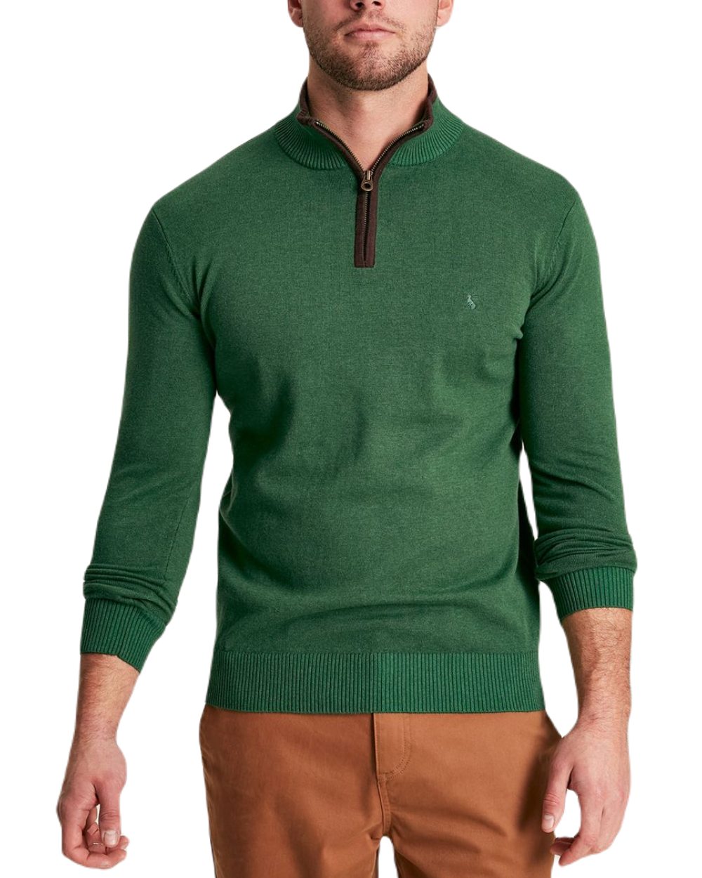 Dark Green Coloured Joules Hillside Quarter Zip Knit Jumper On A White Background