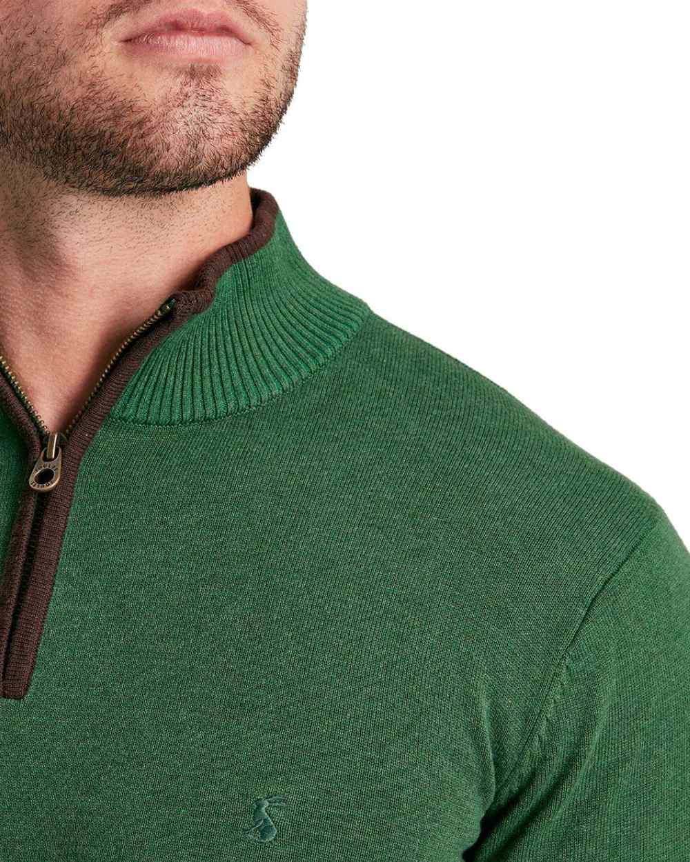 Dark Green Coloured Joules Hillside Quarter Zip Knit Jumper On A White Background