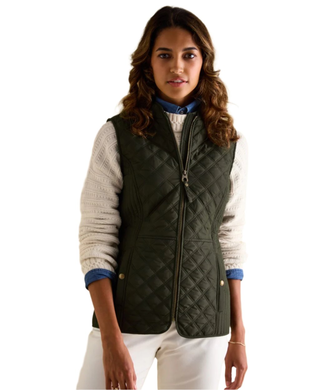 Khaki Coloured Joules Minx Showerproof Diamond Quilted Gilet On A White Background
