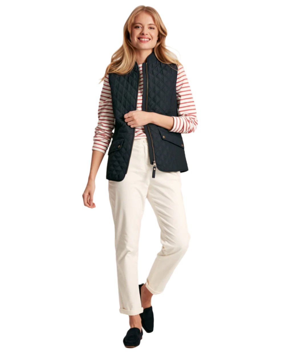 Navy Coloured Joules Minx Showerproof Diamond Quilted Gilet On A White Background