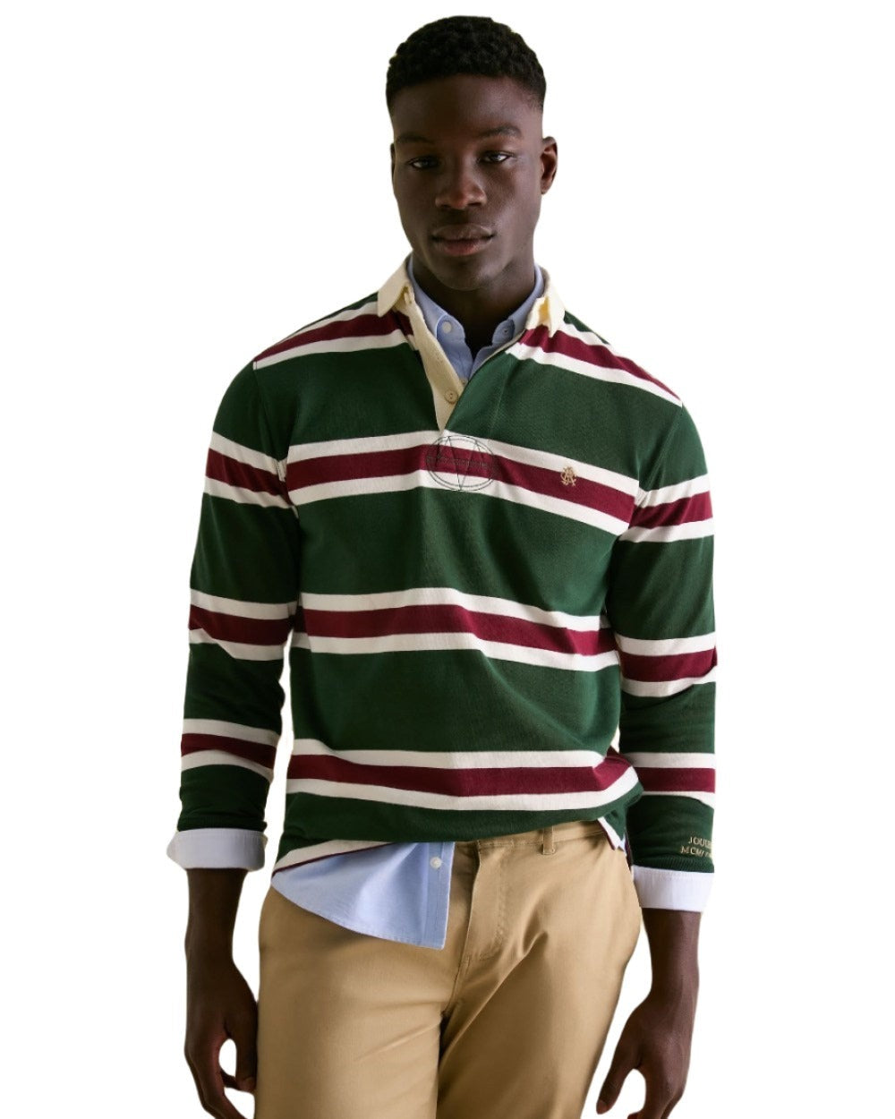 Green Red Stripe Coloured Joules Onside Rugby Shirt On A White Background
