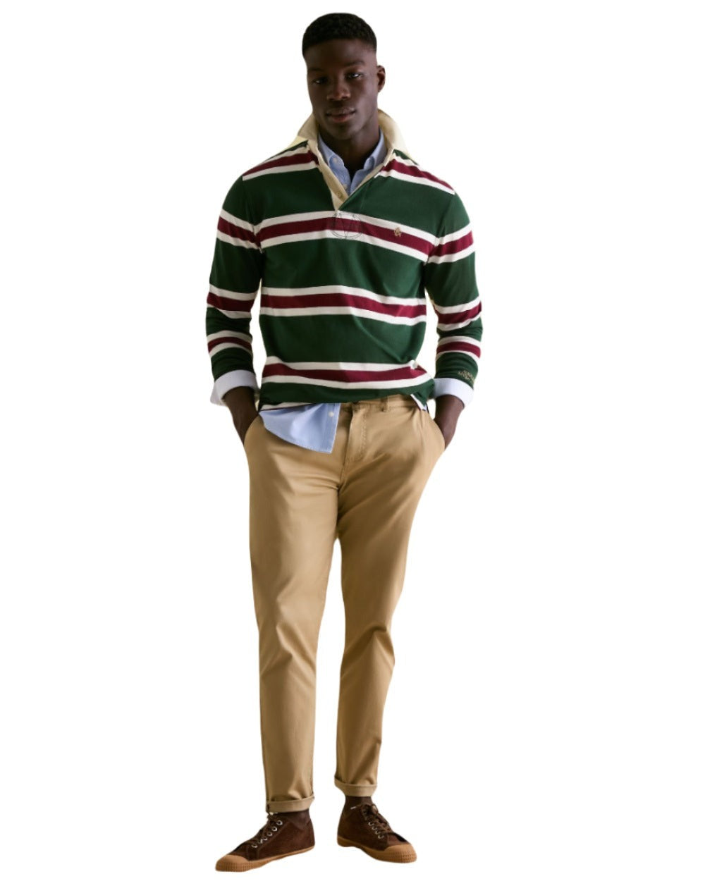 Green Red Stripe Coloured Joules Onside Rugby Shirt On A White Background