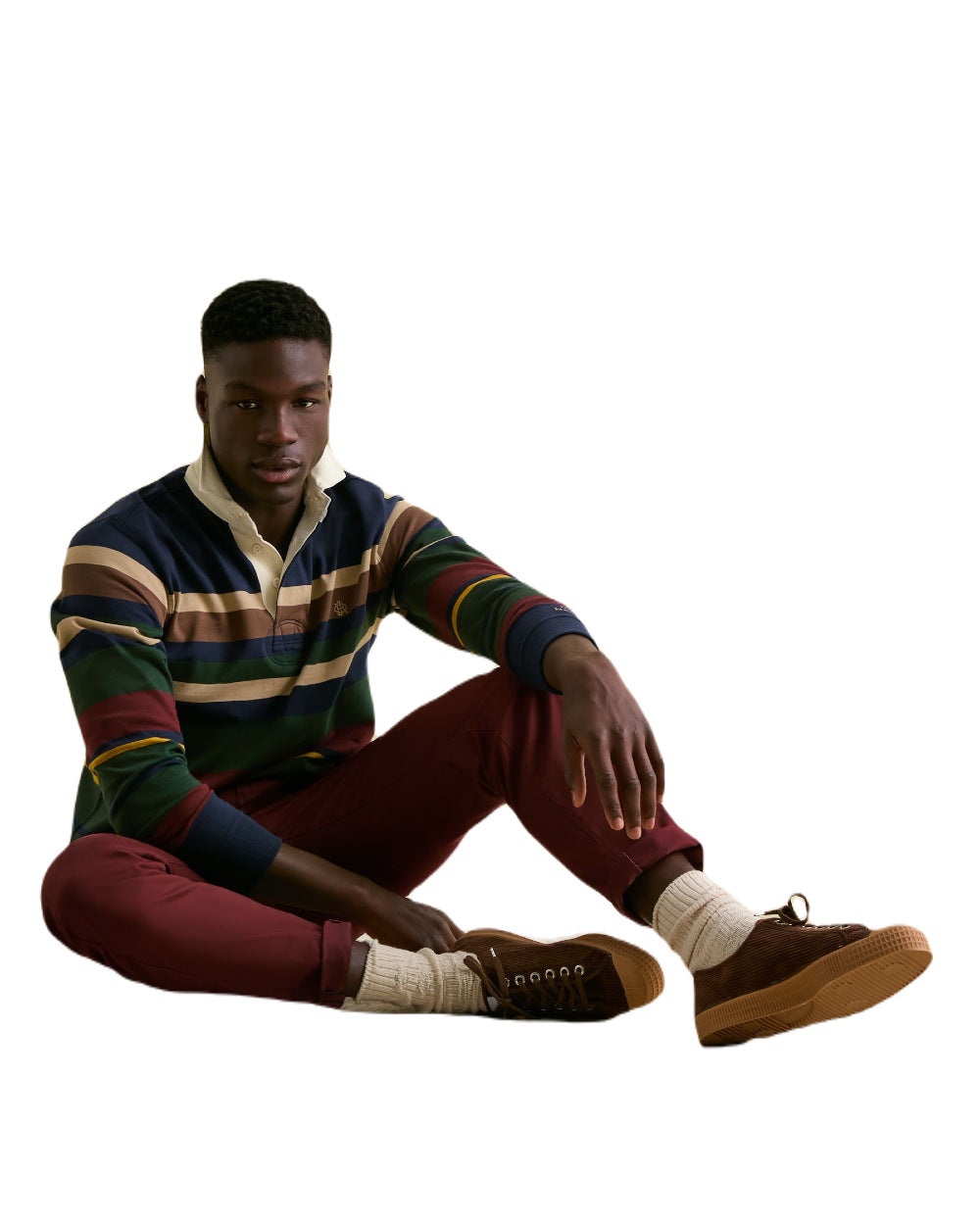 Multi Stripe Coloured Joules Onside Rugby Shirt On A White Background
