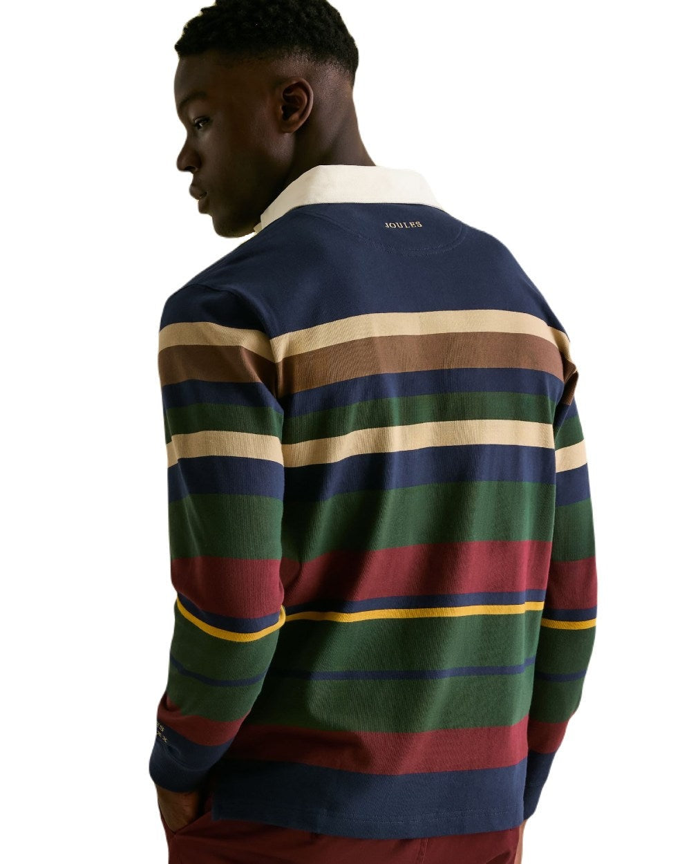 Multi Stripe Coloured Joules Onside Rugby Shirt On A White Background