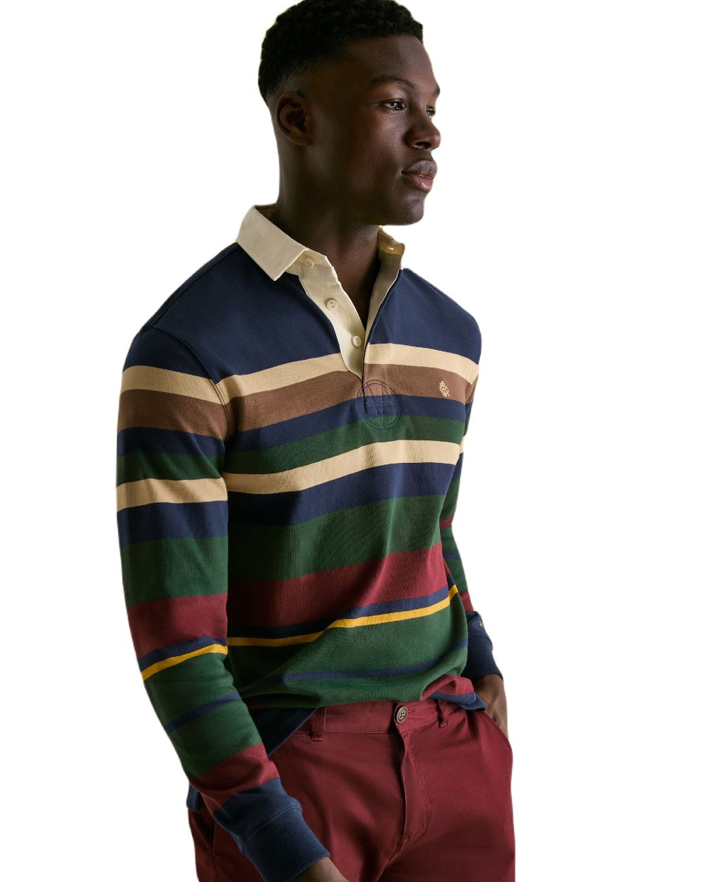 Multi Stripe Coloured Joules Onside Rugby Shirt On A White Background